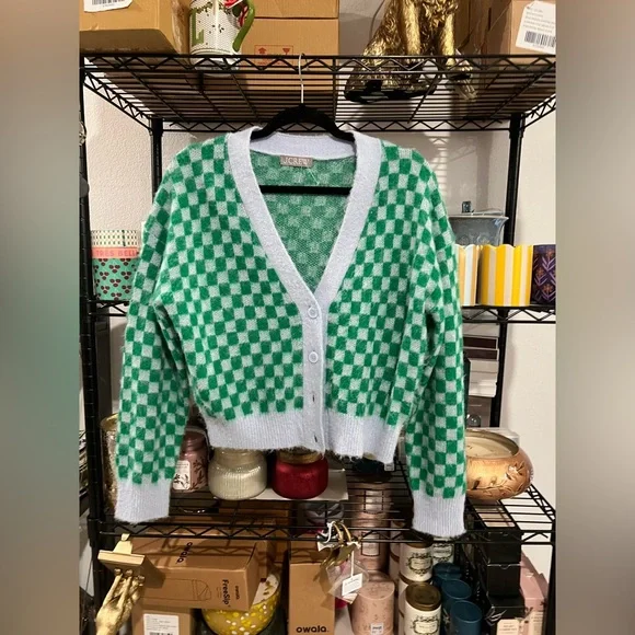 J. Crew Checkered V-neck Cardigan, MED NWOT - Picture 4 of 7